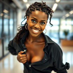 a beautiful black woman styled in a casual, chic manner, playfully pulling her shirt away from her body, conveying a sense of confidence and fun