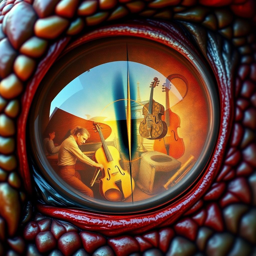 A close-up of a dragon's eye, featuring a vivid and intricate line down the middle of the eye