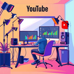 A vibrant digital illustration showcasing a YouTube content creator in a modern, high-tech home studio