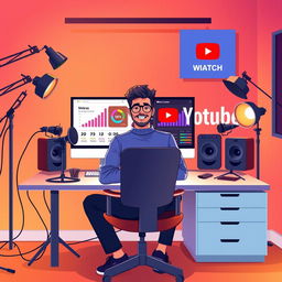 A vibrant digital illustration showcasing a YouTube content creator in a modern, high-tech home studio