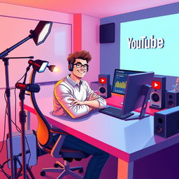 A vibrant digital illustration showcasing a YouTube content creator in a modern, high-tech home studio