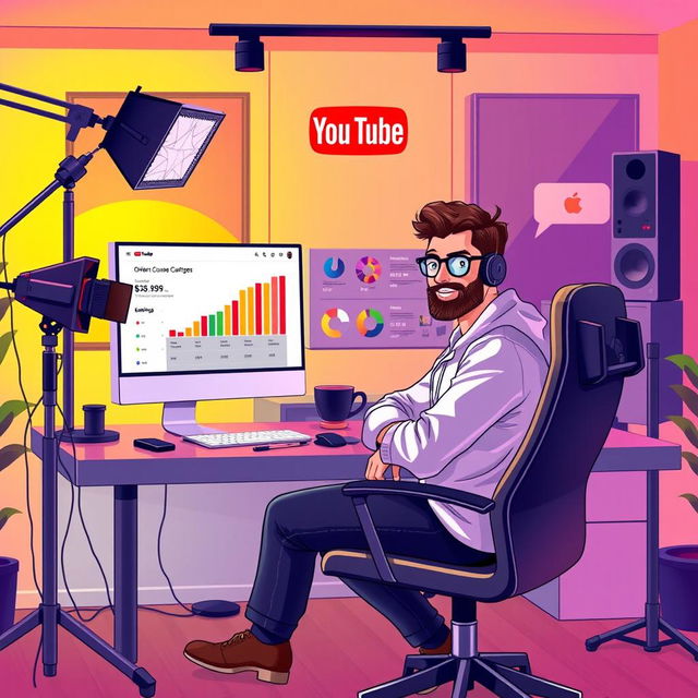 A vibrant digital illustration showcasing a YouTube content creator in a modern, high-tech home studio