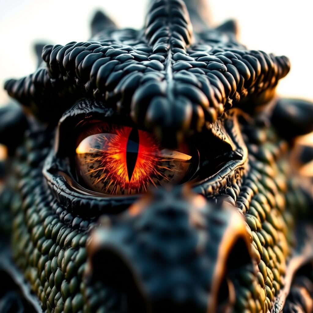 A close-up of the angry eye of a dragon, focusing on its intense glare