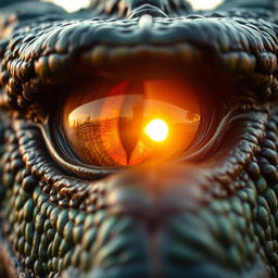 A close-up of the angry eye of a dragon, focusing on its intense glare