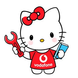 Hello Kitty wearing a cute red t-shirt featuring the Vodafone logo