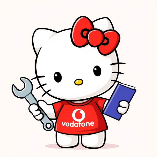 Hello Kitty wearing a cute red t-shirt featuring the Vodafone logo