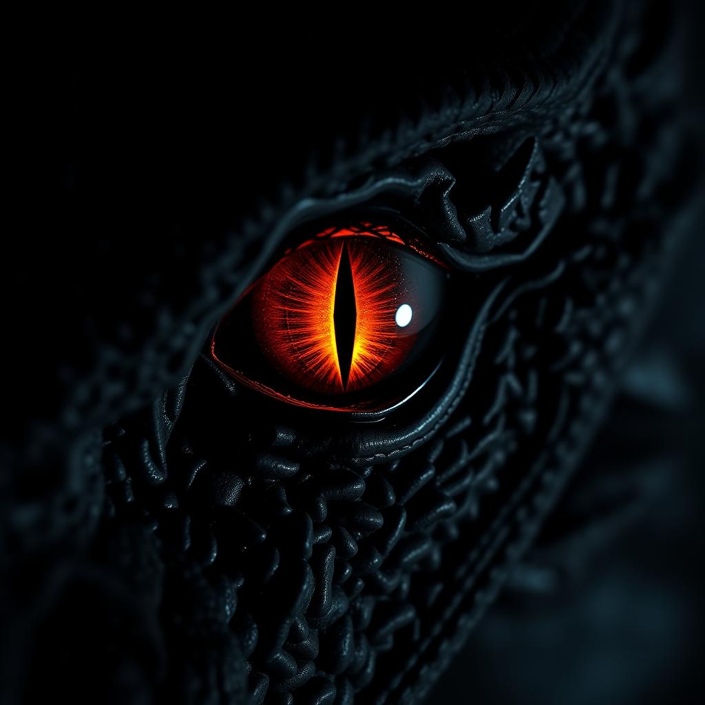 A close-up of the dark, intense eye of a menacing dragon, its gaze filled with anger