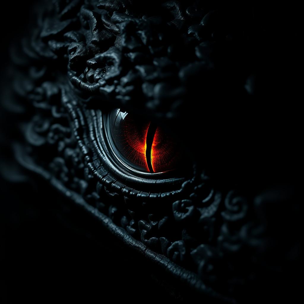 A close-up of the dark, intense eye of a menacing dragon, its gaze filled with anger