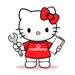 Hello Kitty wearing a cute red t-shirt featuring the Vodafone logo, with no additional text