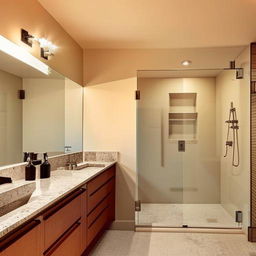 A pristine, well-lit bathroom with modern fixtures and neutral tones. It features a large mirror, a stylish sink, and a spacious shower with glass doors.