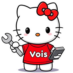 Hello Kitty wearing a cute red t-shirt featuring the Vois logo, with no additional text