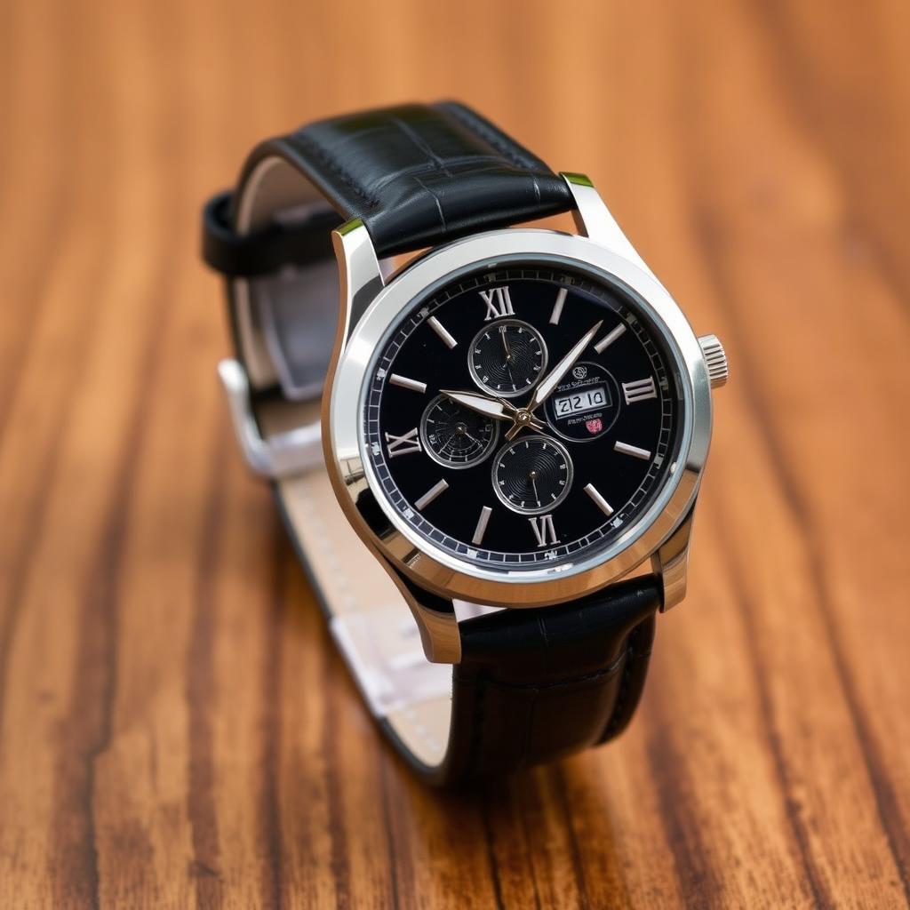 A luxurious wristwatch with a sleek black leather strap and a polished silver stainless steel case