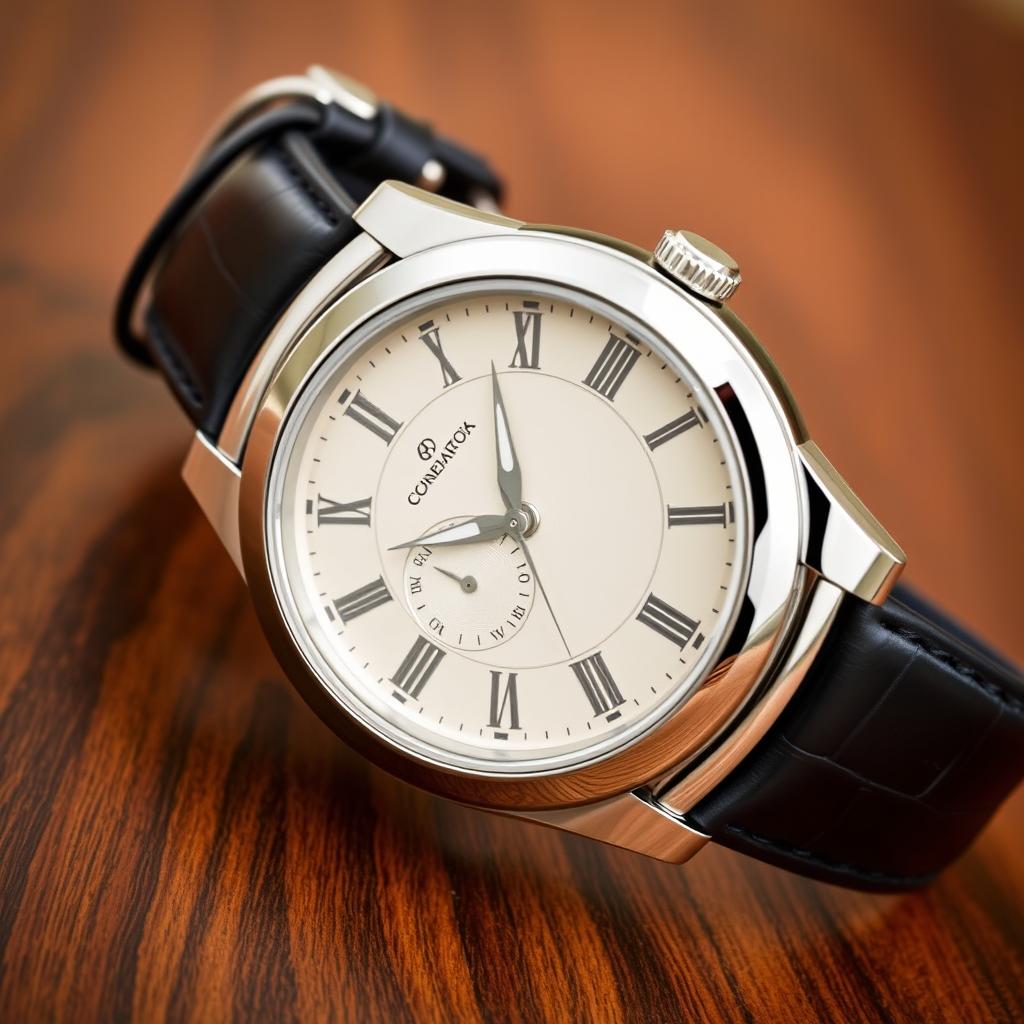 A luxurious wristwatch with a sleek black leather strap and a polished silver stainless steel case