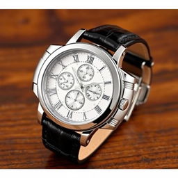 A luxurious wristwatch with a sleek black leather strap and a polished silver stainless steel case