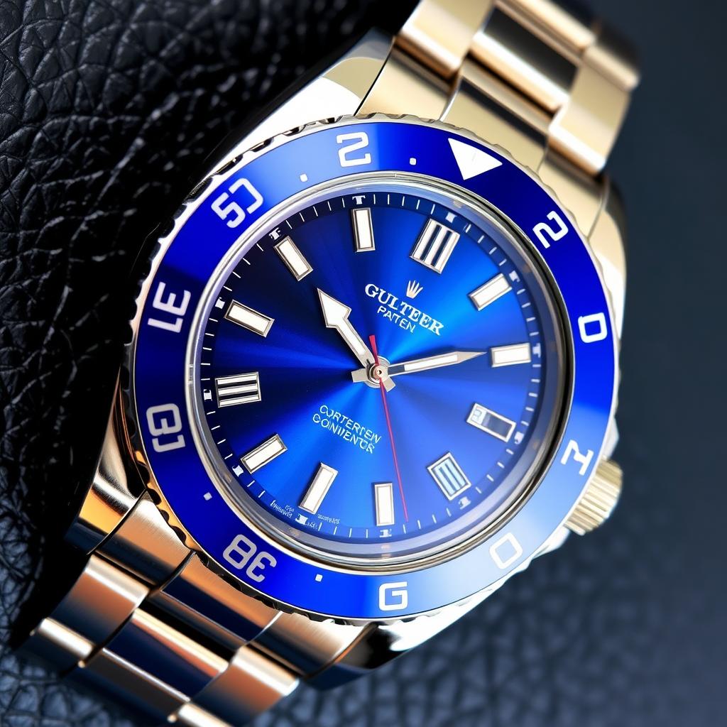 A luxurious wristwatch featuring a robust stainless steel GMT bezel and a striking blue graded dial