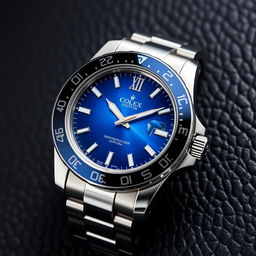 A luxurious wristwatch featuring a robust stainless steel GMT bezel and a striking blue graded dial