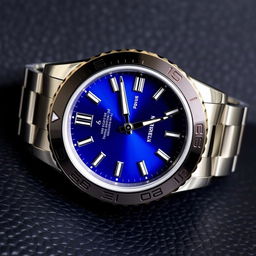 A luxurious wristwatch featuring a robust stainless steel GMT bezel and a striking blue graded dial