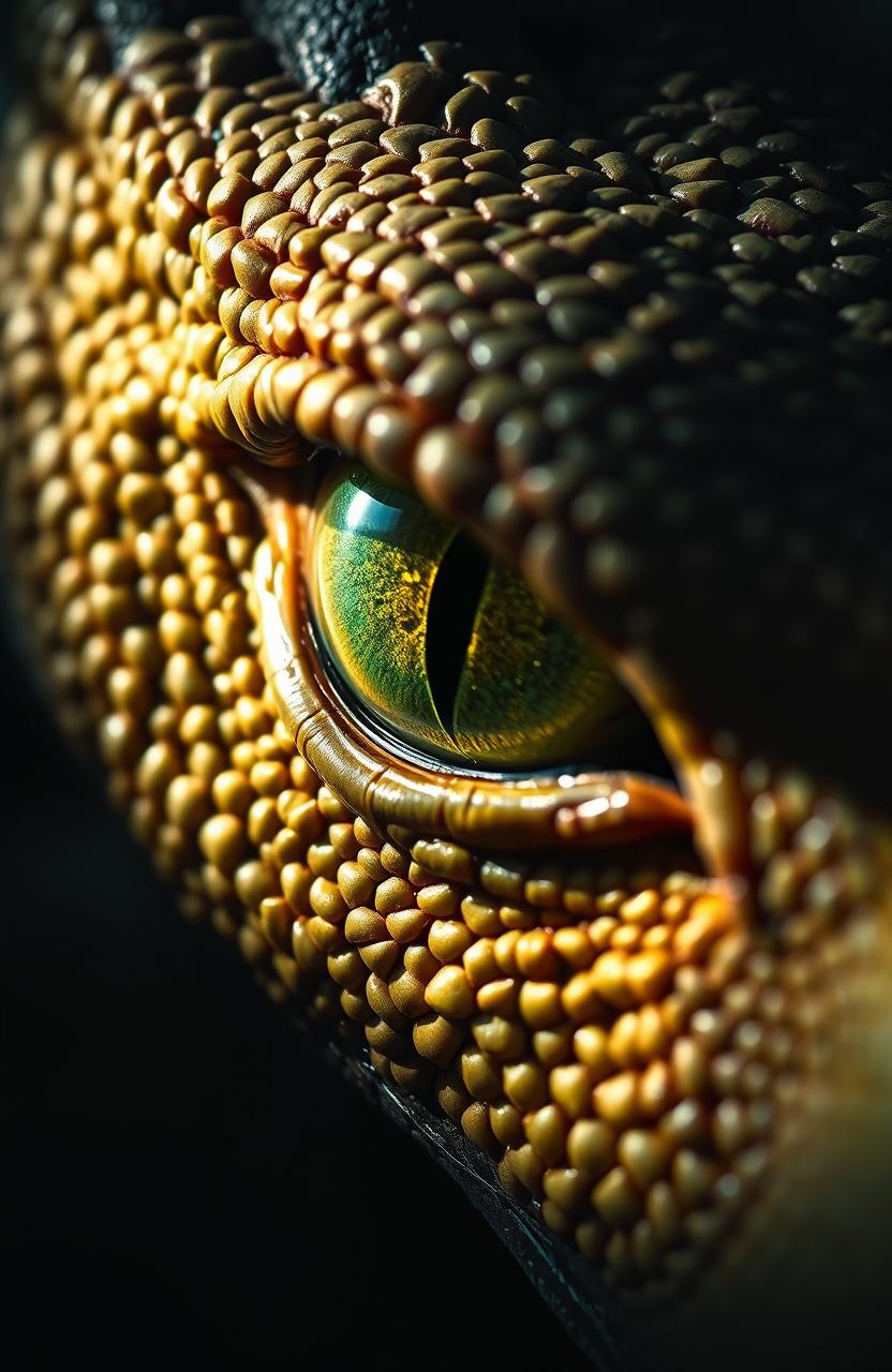 A close-up of a dragon's eye, featuring a striking green hue with a distinct slit pupil