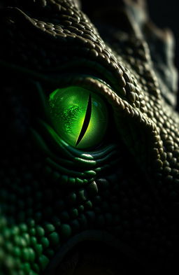 A close-up of a dragon's eye, featuring a striking green hue with a distinct slit pupil