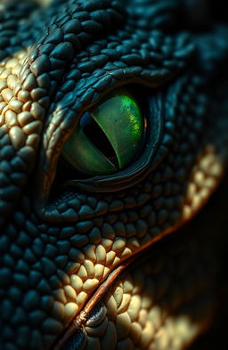 A close-up of a dragon's eye, featuring a striking green hue with a distinct slit pupil