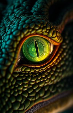 A close-up of a dragon's eye, featuring a striking green hue with a distinct slit pupil