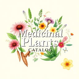 A beautifully illustrated cover for a medicinal plants catalog, featuring a variety of vibrant medicinal plants like echinacea, ginseng, and aloe vera artfully arranged