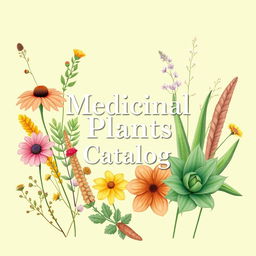 A beautifully illustrated cover for a medicinal plants catalog, featuring a variety of vibrant medicinal plants like echinacea, ginseng, and aloe vera artfully arranged