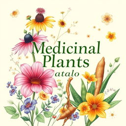 A beautifully illustrated cover for a medicinal plants catalog, featuring a variety of vibrant medicinal plants like echinacea, ginseng, and aloe vera artfully arranged