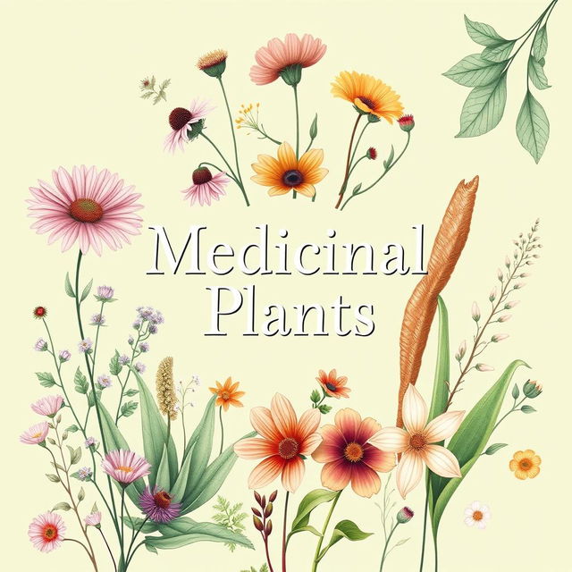 A beautifully illustrated cover for a medicinal plants catalog, featuring a variety of vibrant medicinal plants like echinacea, ginseng, and aloe vera artfully arranged