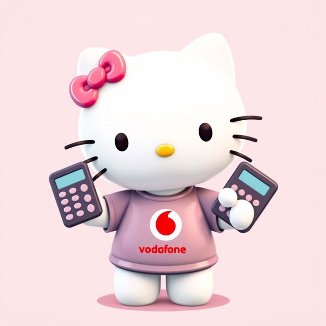 Hello Kitty wearing an adorable t-shirt featuring the Vodafone logo