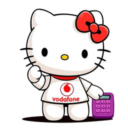 Hello Kitty wearing an adorable t-shirt featuring the Vodafone logo