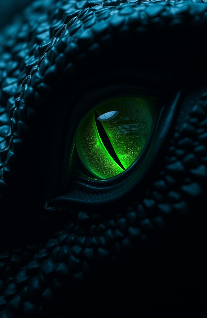 A close-up of a dragon's eye, featuring a slit pupil that is vibrant green, glowing slightly to illuminate the dark surrounding space