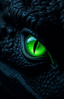 A close-up of a dragon's eye, featuring a slit pupil that is vibrant green, glowing slightly to illuminate the dark surrounding space