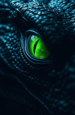 A close-up of a dragon's eye, featuring a slit pupil that is vibrant green, glowing slightly to illuminate the dark surrounding space