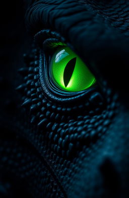 A close-up of a dragon's eye, featuring a slit pupil that is vibrant green, glowing slightly to illuminate the dark surrounding space