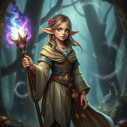 A lightfoot halfling woman depicted as a powerful sorcerer in a fantasy epic setting