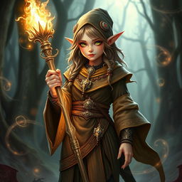 A lightfoot halfling woman depicted as a powerful sorcerer in a fantasy epic setting