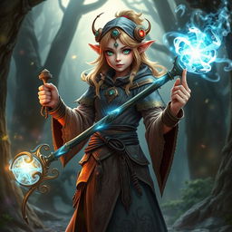 A lightfoot halfling woman depicted as a powerful sorcerer in a fantasy epic setting