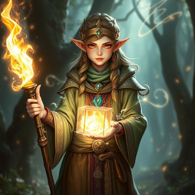 A lightfoot halfling woman depicted as a powerful sorcerer in a fantasy epic setting