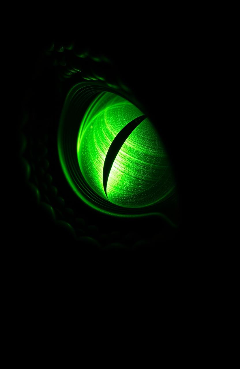 A close-up of a dragon's eye with a vertical slit pupil, illuminating the surrounding dark space with a soft green glow