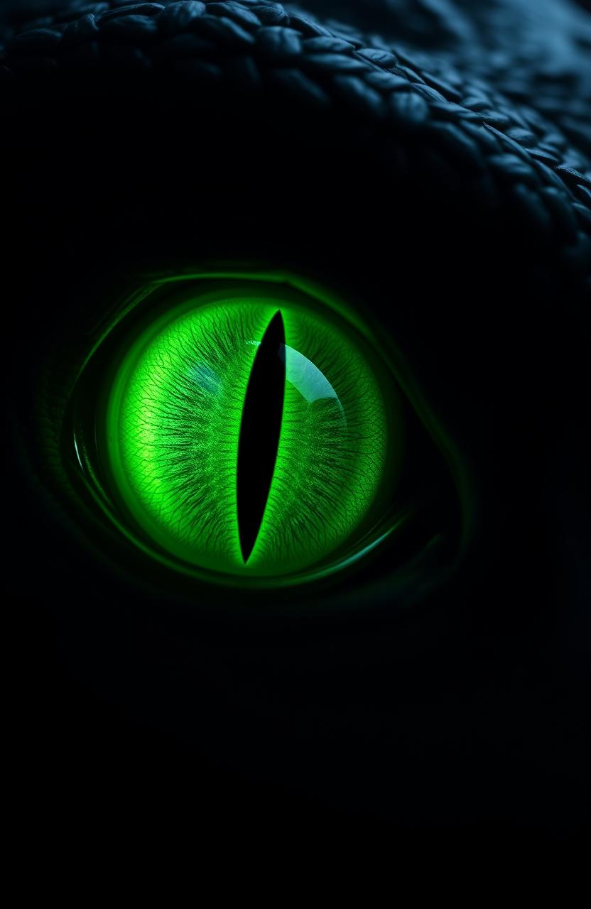 A close-up of a dragon's eye with a vertical slit pupil, illuminating the surrounding dark space with a soft green glow