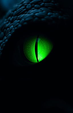 A close-up of a dragon's eye with a vertical slit pupil, illuminating the surrounding dark space with a soft green glow