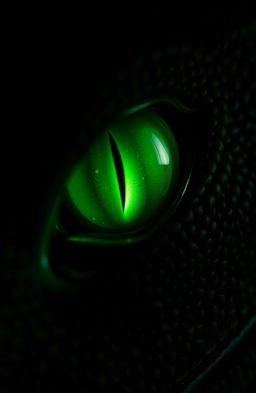 A close-up of a dragon's eye with a vertical slit pupil, illuminating the surrounding dark space with a soft green glow