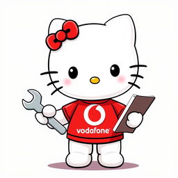 Hello Kitty wearing a cute red t-shirt with the Vodafone symbol, ensuring not to include the text "vodafone"