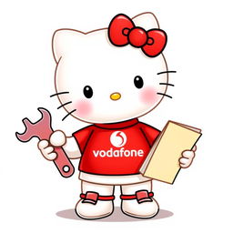 Hello Kitty wearing a cute red t-shirt with the Vodafone symbol, ensuring not to include the text "vodafone"