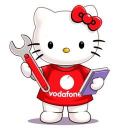 Hello Kitty wearing a cute red t-shirt with the Vodafone symbol, ensuring not to include the text "vodafone"