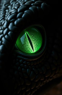 A close-up of a dragon's eye, featuring a vertical slit pupil