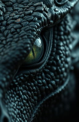 A close-up of the angry eye of a dragon, featuring a prominent line in the middle of its eye