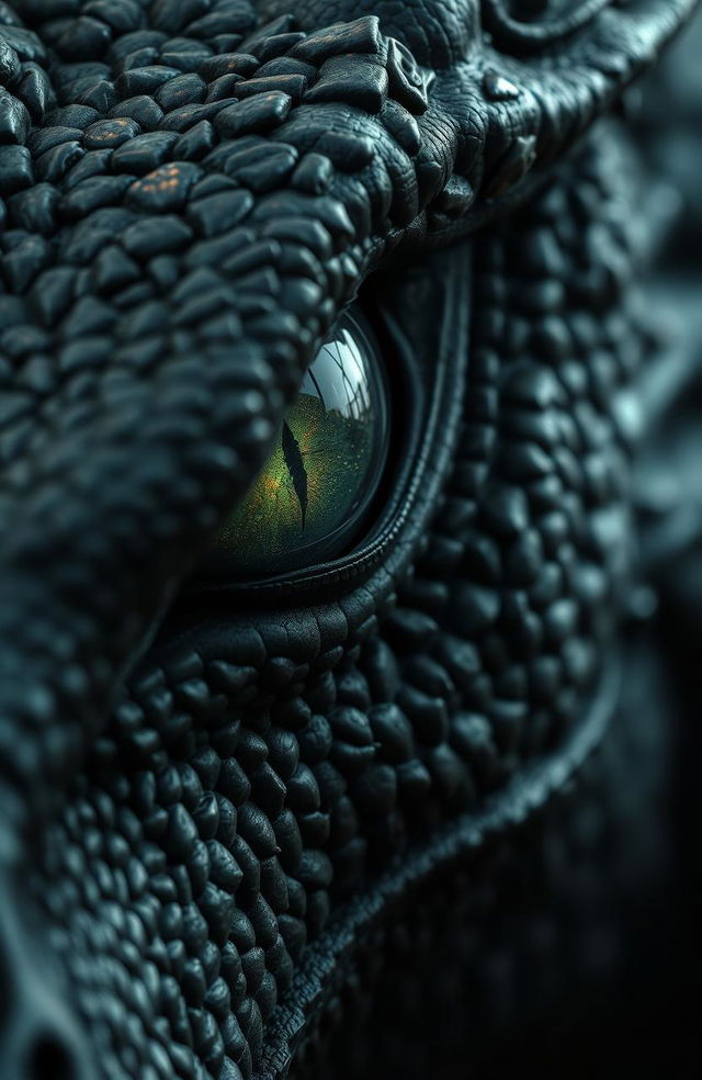 A close-up of the angry eye of a dragon, featuring a prominent line in the middle of its eye