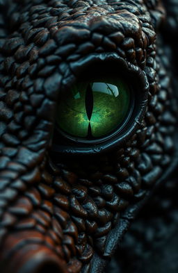 A close-up of the angry eye of a dragon, featuring a prominent line in the middle of its eye